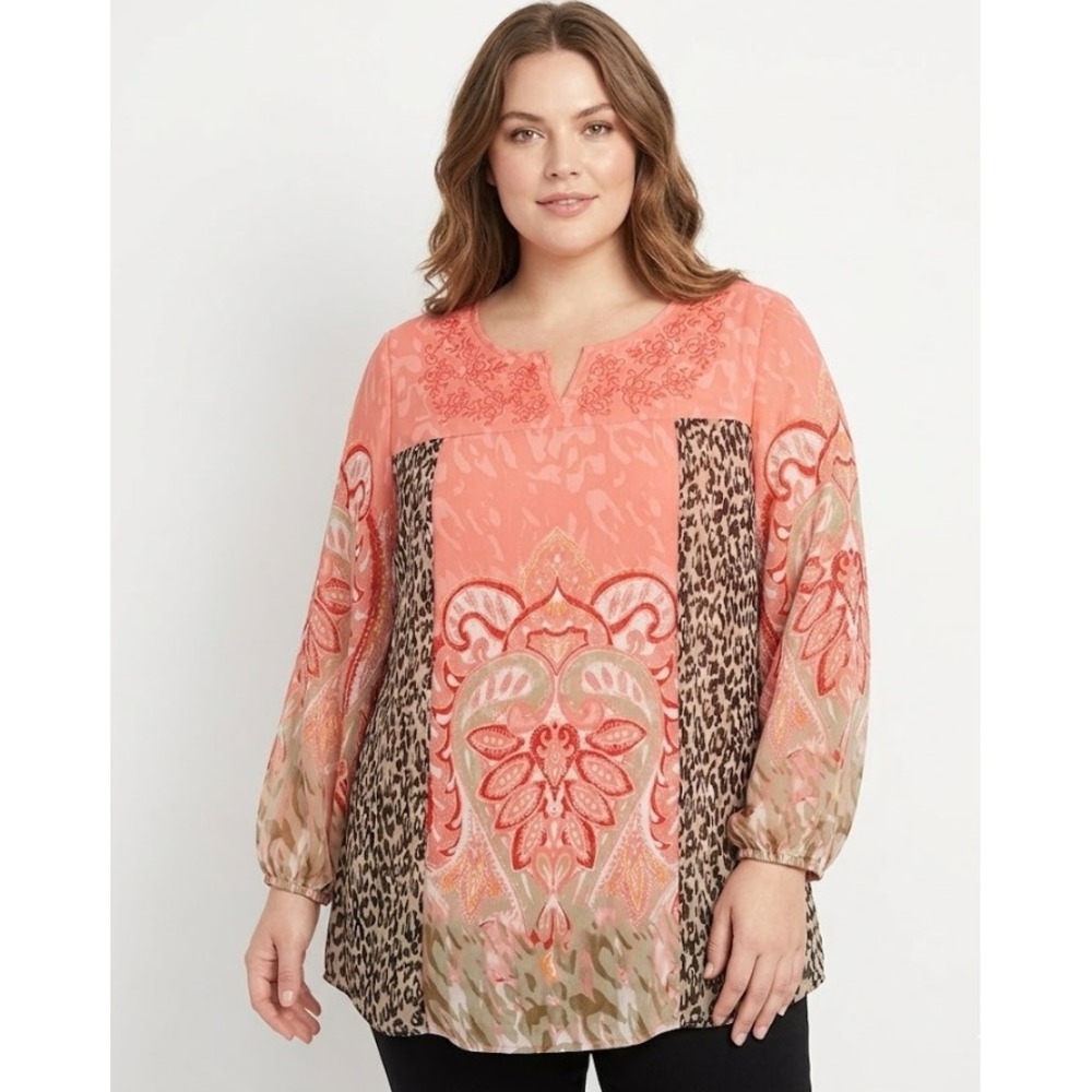 Style & Co Y Neck‎ Embroidered Patchwork Sheer Boho Blouse size 1X